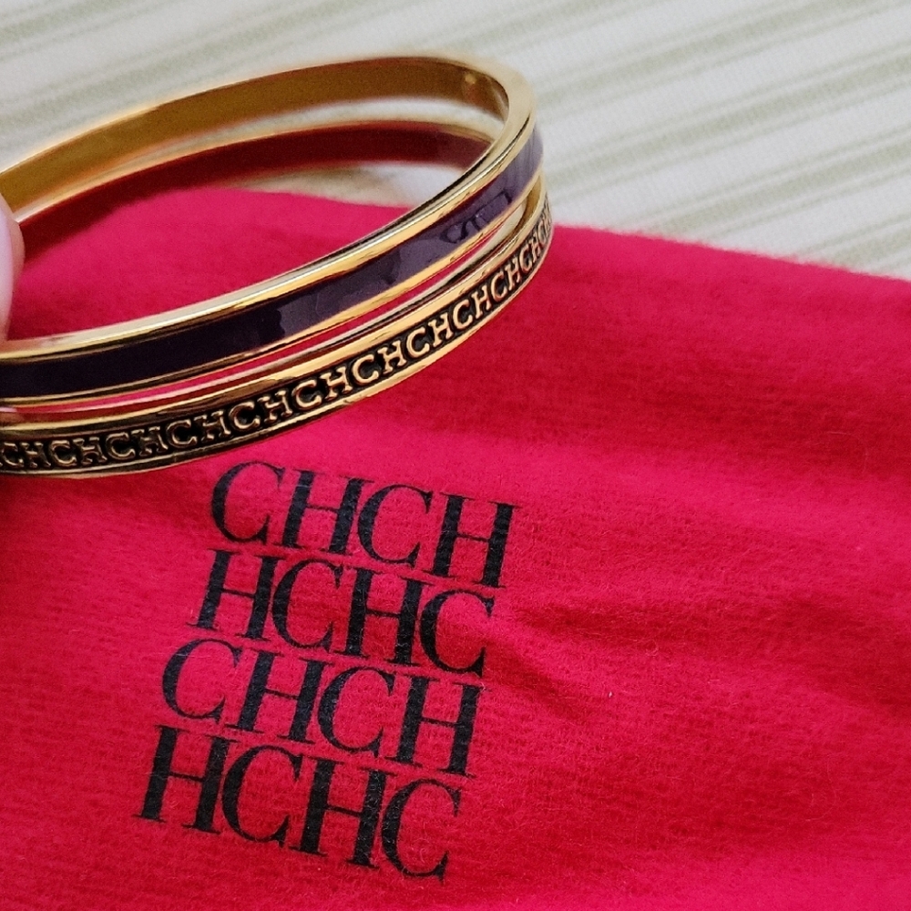 Carolina Herrera Gold and Purple Enamel CH Logo Bangle